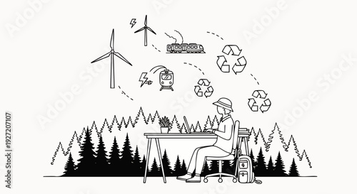 Person working remotely in nature, surrounded by sustainable energy concepts and eco-friendly technology, promoting green living and environmental awareness.