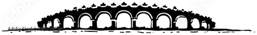 Silhouette of an ancient arched stone bridge or aqueduct in hand drawn ink style