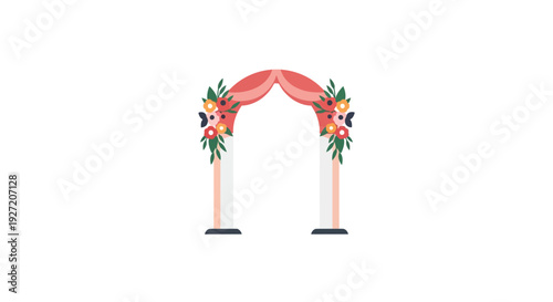 Wedding arch decoration with flowers and red fabric draping.