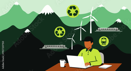 Professional working remotely on laptop amidst green mountains, wind turbines, trains, and recycling symbols, symbolizing sustainable development and eco-conscious future.