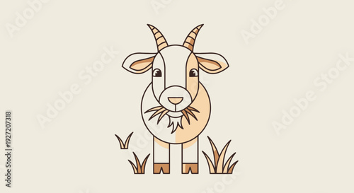 Cute cartoon goat vector illustration in flat design with grass isolated on beige background for children's book or farm animal design project