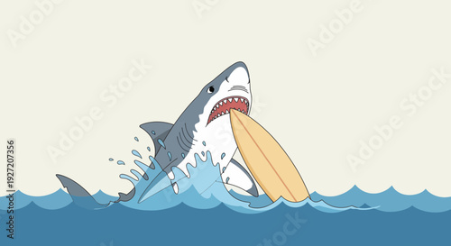 Cartoon shark attacking surfboard in blue sea; playful vector illustration for summer fun and ocean themed designs