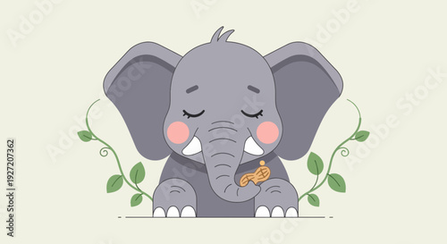 Cute gray elephant cartoon character holding a peanut surrounded by vines in flat vector illustration style for children's design