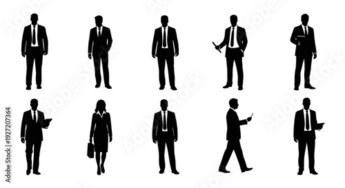 Business People Silhouettes Set: Diverse Corporate Professionals in Various Poses for Workforce, Team, and Executive Concepts