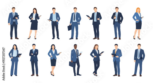 Diverse Business Professionals Vector Illustration Set: Corporate Team with Modern Flat Design Style for Office, Teamwork & Leadership Concepts