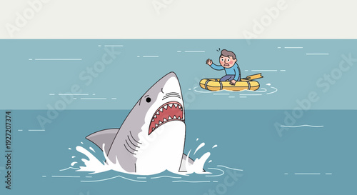 Cartoon shark attacking man in inflatable raft; vector illustration of sea monster threat with open jaws and scared person; flat design