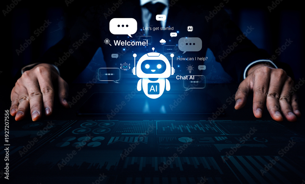 Naklejka premium Welcome message introduces chat AI assistant for instant help. Chat AI supports questions and tasks, and chat AI improves service with friendly NLP chatbot onboarding. Corpus