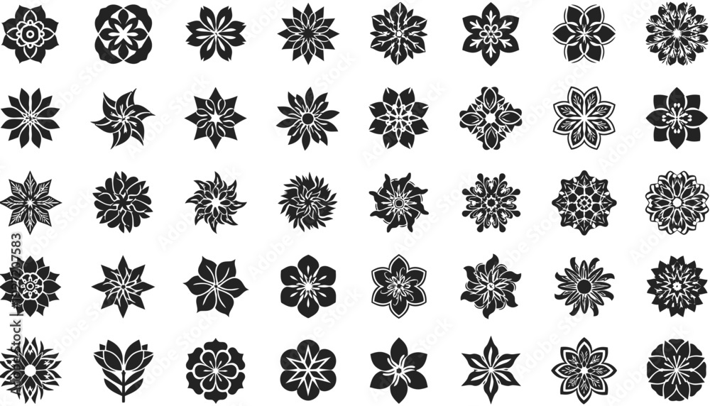 Obraz premium Black and white floral mandala vector pattern set with 40 unique geometric designs, symmetrical decorative artwork, intricate botanical illustration, creative ornamental composition, vector collection