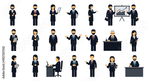 Corporate Business People Icons Set: Diverse Flat Design Characters for Office, Management, and Professional Concepts