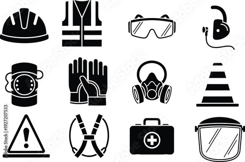 Set of twelve black and white icons representing personal protective equipment and industrial safety gear