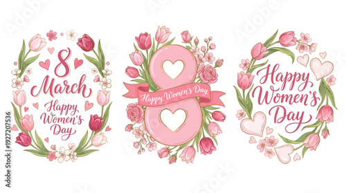 International Women’s Day vector illustrations with pink tulips, floral wreath, heart‑shaped number 8, elegant script typography, celebratory artwork, feminine empowerment design, global commemorative