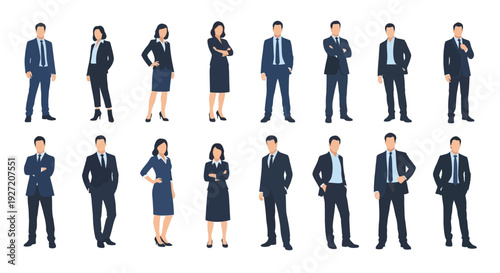 Business People Vector Set: Flat Design Corporate Men and Women in Suits, Professional Office Workforce Collection