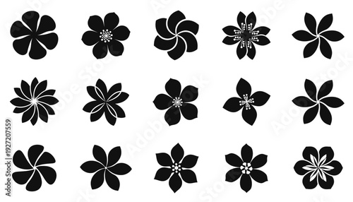 Black flower silhouette vector set with 16 unique floral icons, decorative petal variations, symmetrical botanical artwork, creative nature illustration, modern ornamental composition, elegant vector 