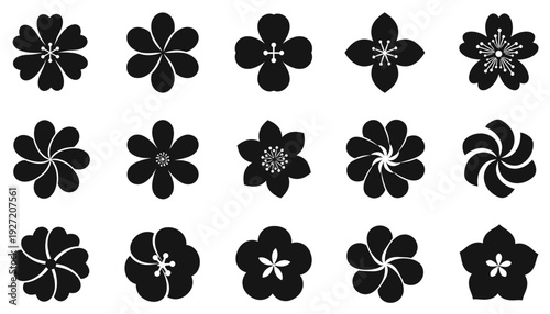 Black flower silhouette vector set with 16 unique floral icons, decorative petal variations, symmetrical botanical artwork, creative nature illustration, modern ornamental composition, elegant vector 