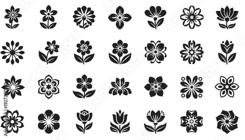 Black and white floral mandala vector pattern set with 40 unique geometric designs, symmetrical decorative artwork, intricate botanical illustration, creative ornamental composition, vector collection