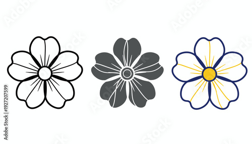 Stylized five‑petal flower vector icons with circular centers, black outline, solid fill, blue radial design, decorative floral artwork, modern graphic illustration, creative botanical vector composit
