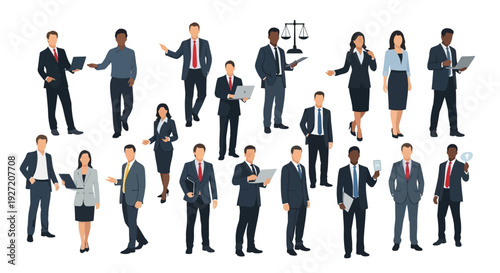 Modern Diverse Business Professionals Vector Set: Corporate Team, Legal Experts & Tech Users with Laptops and Tablets
