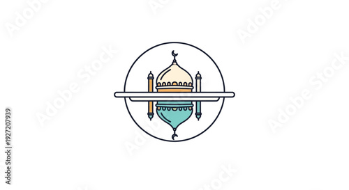 Mosque logo design with dome and minarets in circular frame.