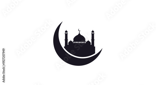 Islamic Mosque Silhouette with Crescent Moon Symbol.
