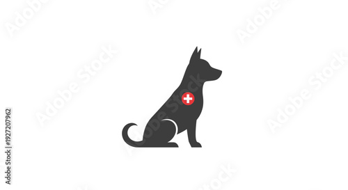 Black dog silhouette with red medical cross on its body.