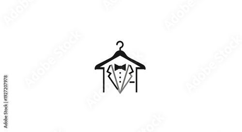 Simple black and white illustration of a clothing hanger with shirt and tie.