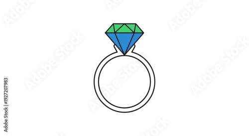 Simple line drawing of a diamond ring with blue and green gemstone.