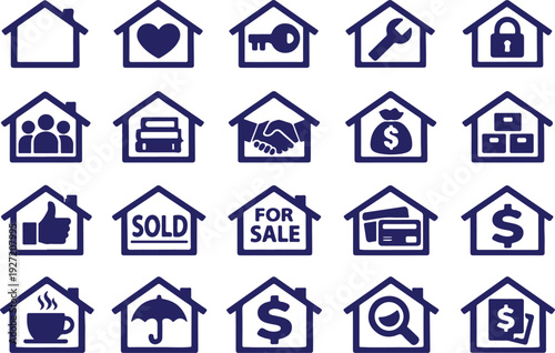 Vector art of collection of house and real estate icons in blue