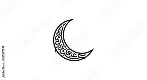 Simple black and white illustration of a crescent moon with intricate patterns.