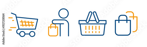 shopping icons, set icon of shopping cart, bags, buyer and basket, symbols for store, line vector with editable stroke