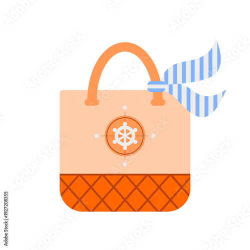 Cute trendy women's summer beach bag with nautical steering wheel and striped scarf. Flat vector illustration of maritime tote bag for summer holiday.

