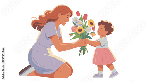 A child gifting a bouquet to their mother, a heartwarming moment.