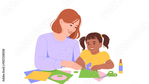 A mother and her daughter happily engaging in creative arts and crafts activities.