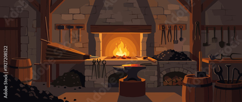 Flat Vector Illustration of a Traditional Blacksmith Forge Workshop with Glowing Fire, Anvil, Bellows, Hammers, and Tongs; Medieval Smithy Interior with Stone Walls and Crafting Tools