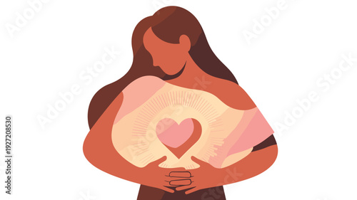 A symbolic illustration of a woman embracing a heart.