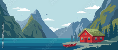 Flat vector illustration of a traditional Norwegian fjord landscape with a red wooden cabin, grass roof, small boat on the shore, majestic mountains, pine trees, and calm blue water under a clear sky.