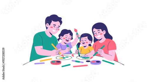 A family spends quality time together painting and creating art.