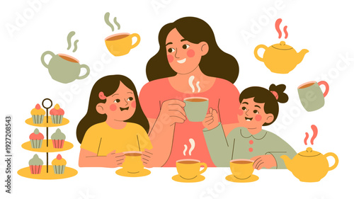 A mother and her two children enjoying a delightful tea party with teacups and a cupcake stand.