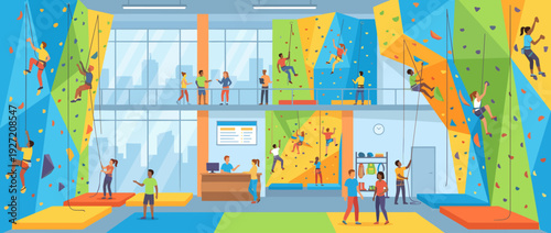 Modern indoor rock climbing gym flat vector illustration featuring diverse people bouldering, top-roping, and training on colorful walls with reception area, equipment, and city skyline view.