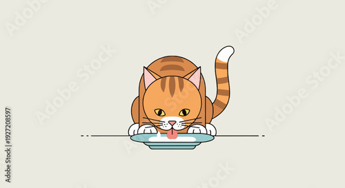 Vector flat illustration of ginger tabby cat drinking milk from a blue bowl with its tail up on cream background; cute pet