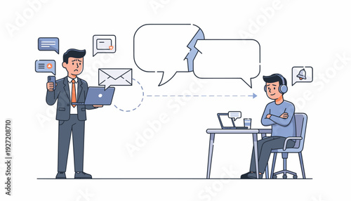 Businessman attempting to communicate with an indifferent customer who is ignoring him. Failed communication, digital noise, and unresponsiveness concept with broken speech bubbles and icons.