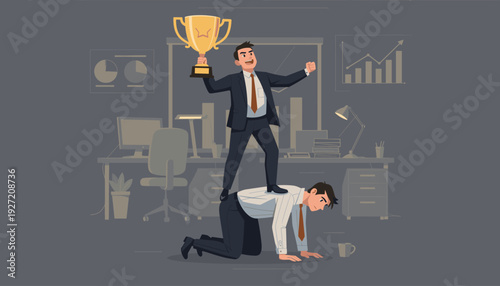 Successful businessman holding a trophy while standing on the back of his kneeling employee, symbolizing toxic workplace culture, unfair competition, corporate greed, and unethical leadership.