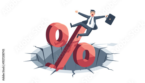 Scared Businessman Falling into a Percent Sign Trap Hole, Representing Financial Risk, High Interest Rates, Debt Crisis, Economic Instability, and Market Crash Concept Vector Illustration.