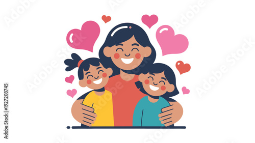 A mother and her two daughters filled with love.