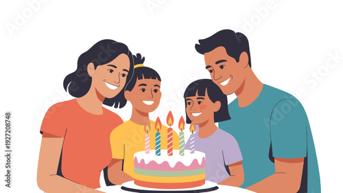 Family celebration with birthday cake and candles.