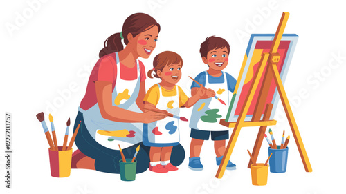 A woman guiding two children while they are painting, nurturing creativity and imagination.