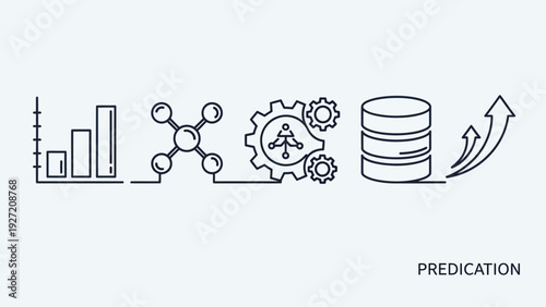 Predictive analytics process with data and growth symbols.