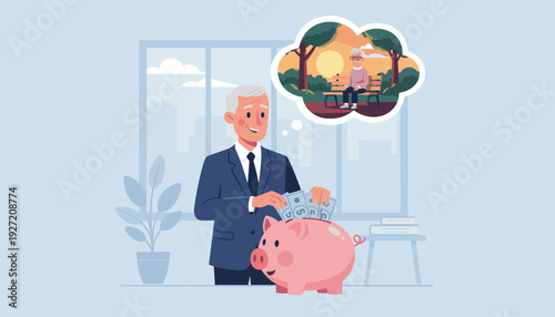 Senior businessman putting dollar bills into a pink piggy bank, dreaming of a peaceful retirement. Thought bubble shows an elderly man on a park bench at sunset. Financial planning concept.