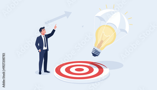 Businessman in Suit Pointing at a Glowing Light Bulb Idea Descending with a Parachute onto a Bullseye Target, Representing Creative Business Strategy, Innovation, and Achieving Success Goals.