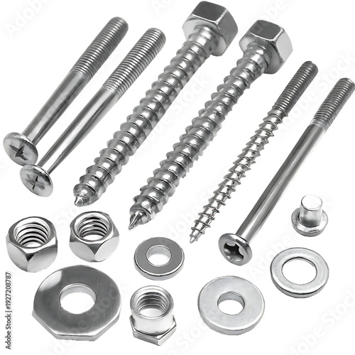 Metal fasteners collection including machine screws, bolts, self-tapping screws, washers, and hex nuts in polished chrome finish isolated on a transparent background