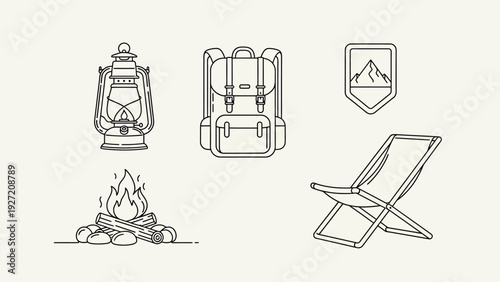 Collection of outdoor adventure and camping line art icons.